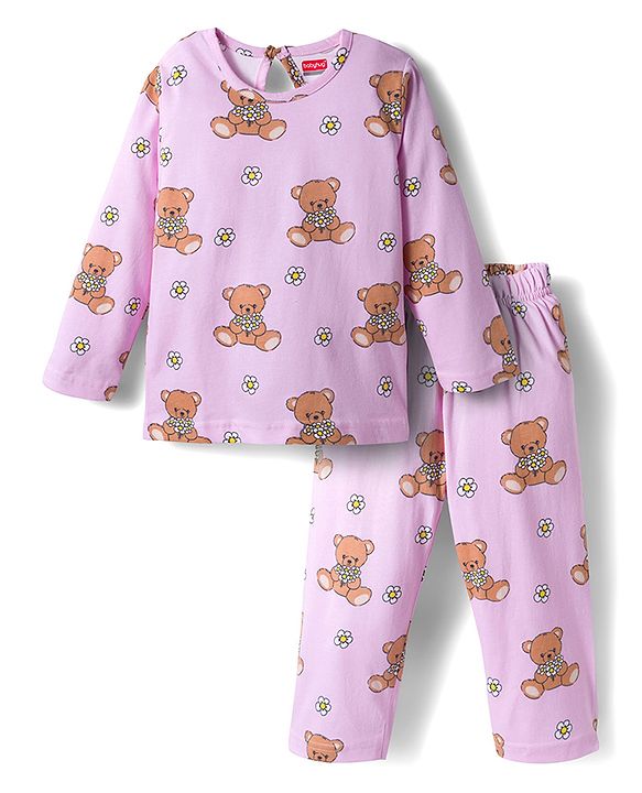 Babyhug Cotton Knit Full Sleeves Co-ords Night Suit With Bear Print - Pink