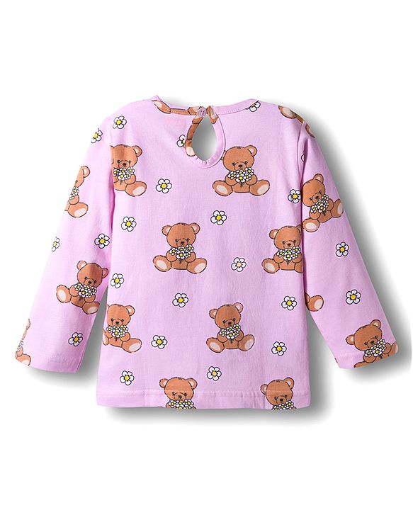 Babyhug Cotton Knit Full Sleeves Co-ords Night Suit With Bear Print - Pink