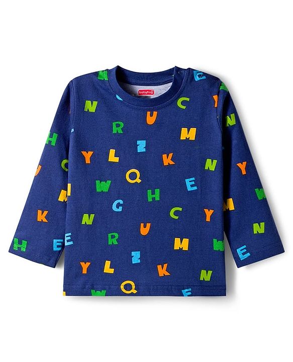 Babyhug Cotton Knit Full Sleeves Co-ords Night Suit With Alphabets Print - Navy Blue