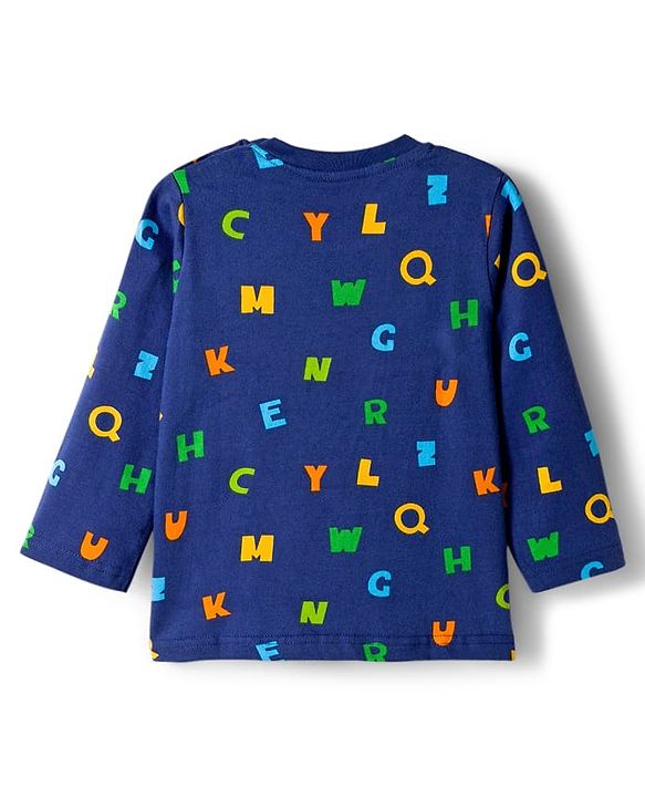 Babyhug Cotton Knit Full Sleeves Co-ords Night Suit With Alphabets Print - Navy Blue