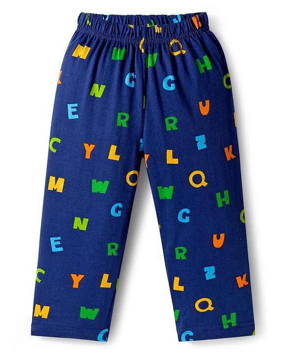 Babyhug Cotton Knit Full Sleeves Co-ords Night Suit With Alphabets Print - Navy Blue