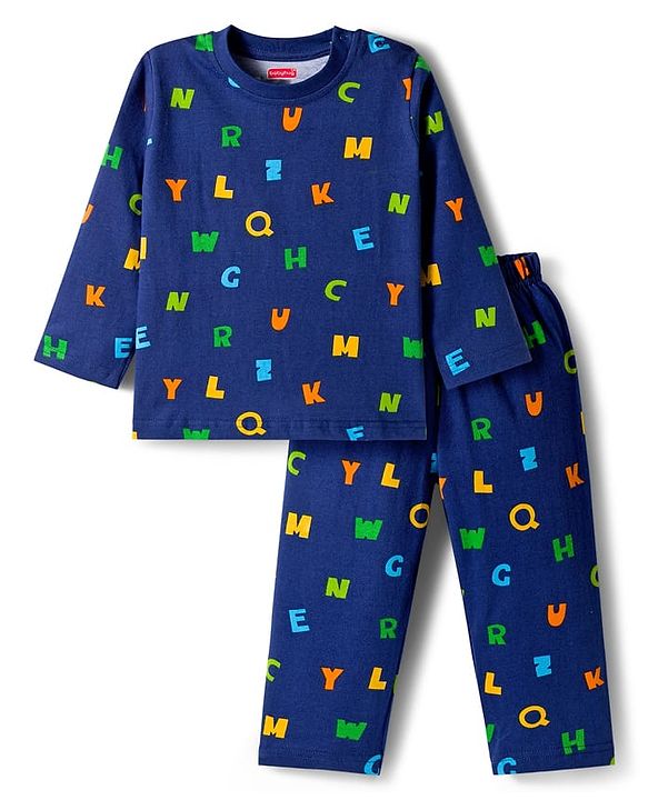 Babyhug Cotton Knit Full Sleeves Co-ords Night Suit With Alphabets Print - Navy Blue