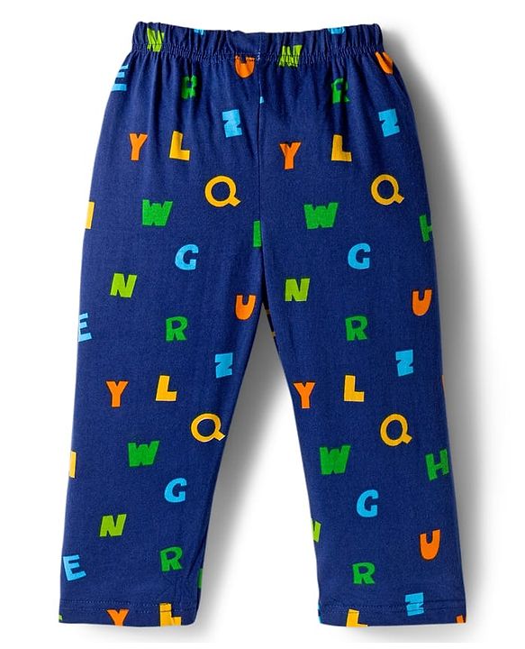 Babyhug Cotton Knit Full Sleeves Co-ords Night Suit With Alphabets Print - Navy Blue