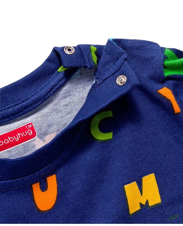 Babyhug Cotton Knit Full Sleeves Co-ords Night Suit With Alphabets Print - Navy Blue