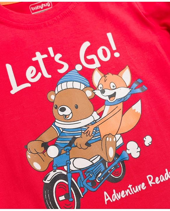 Babyhug 100% Cotton Knit Full Sleeves T-Shirt with Lets Go Text & Teddy Print - Red