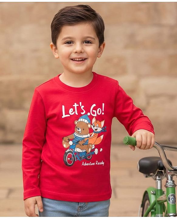 Babyhug 100% Cotton Knit Full Sleeves T-Shirt with Lets Go Text & Teddy Print - Red
