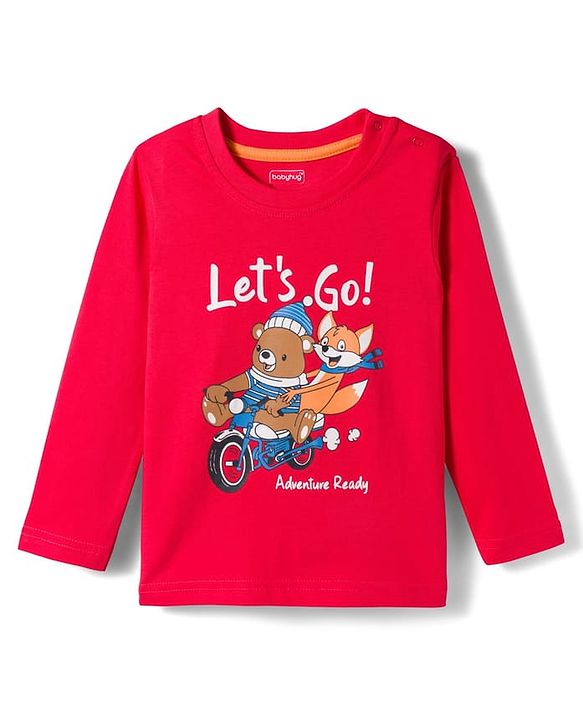 Babyhug 100% Cotton Knit Full Sleeves T-Shirt with Lets Go Text & Teddy Print - Red