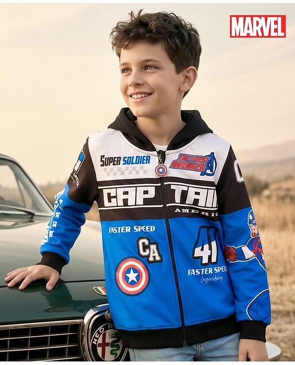 Pine Kids Marvel Terry Knit Full Sleeves Hooded Sweatjacket with Avengers Graphics & Badge Detailing - Blue