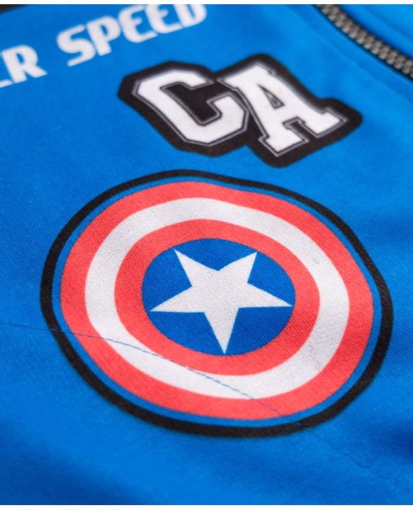 Pine Kids Marvel Terry Knit Full Sleeves Hooded Sweatjacket with Avengers Graphics & Badge Detailing - Blue