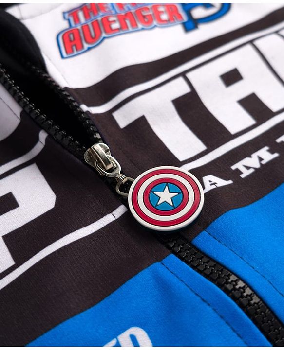 Pine Kids Marvel Terry Knit Full Sleeves Hooded Sweatjacket with Avengers Graphics & Badge Detailing - Blue