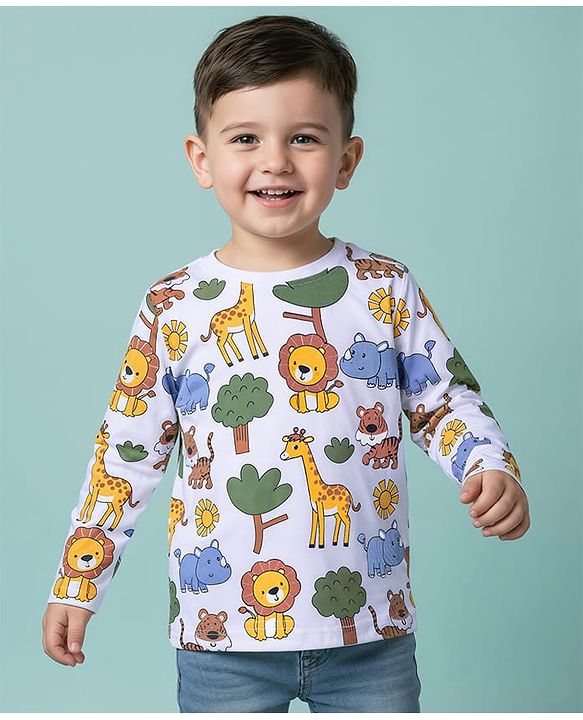 Babyhug 100% Cotton Knit Full Sleeves T-Shirt with Animal Print - White