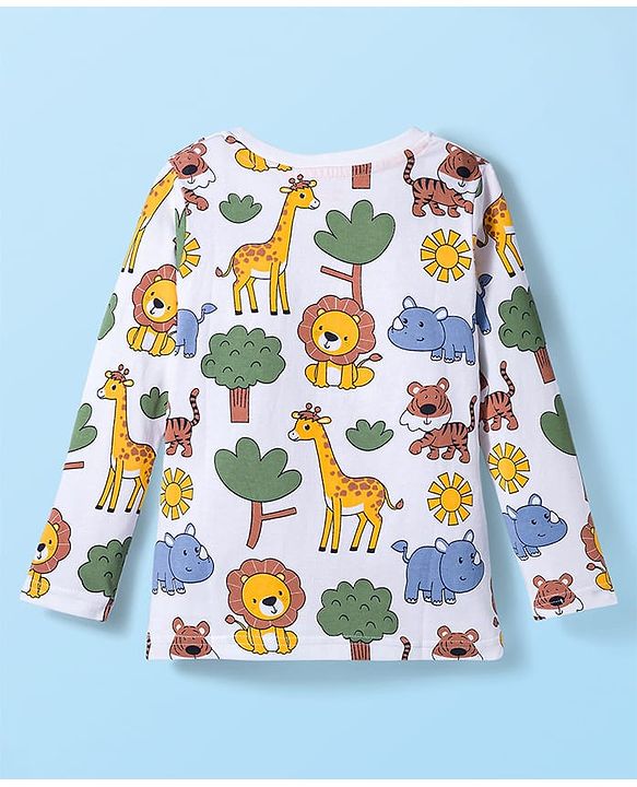 Babyhug 100% Cotton Knit Full Sleeves T-Shirt with Animal Print - White