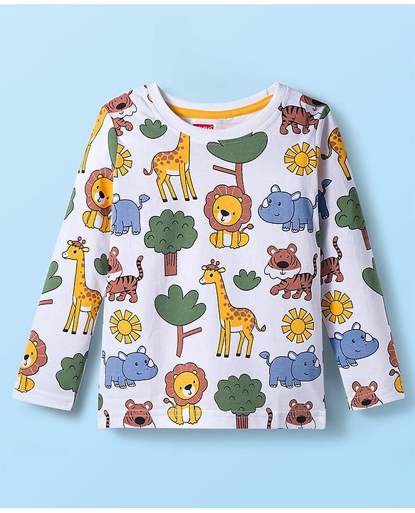 Babyhug 100% Cotton Knit Full Sleeves T-Shirt with Animal Print - White