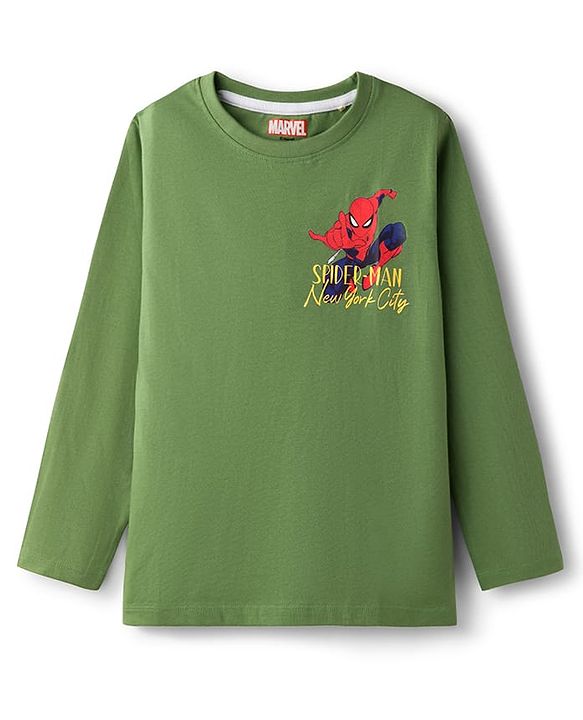 Pine Kids Marvel Single Jersey Knit Full Sleeves T-Shirt with Front & Back Spider Man Graphics - Green