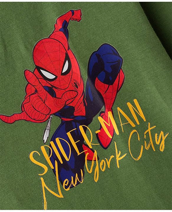 Pine Kids Marvel Single Jersey Knit Full Sleeves T-Shirt with Front & Back Spider Man Graphics - Green