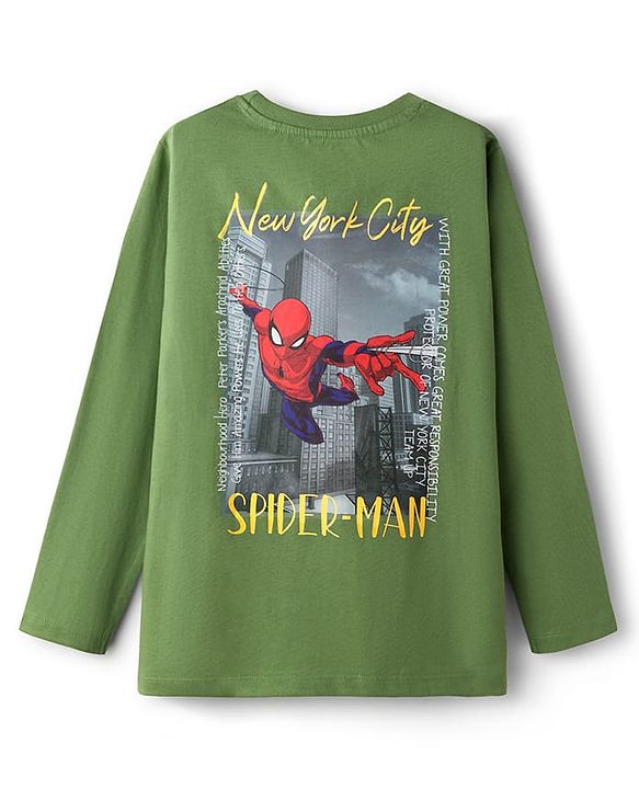 Pine Kids Marvel Single Jersey Knit Full Sleeves T-Shirt with Front & Back Spider Man Graphics - Green