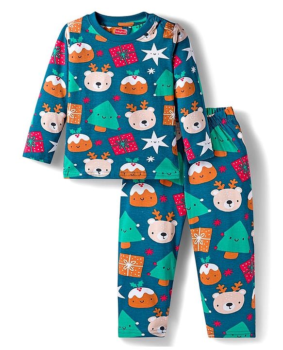 Babyhug 100% Cotton Knit Full Sleeves Co-ords Night Suit With Animal Print - Teal Blue