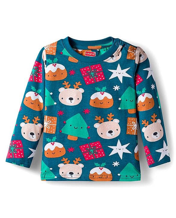 Babyhug 100% Cotton Knit Full Sleeves Co-ords Night Suit With Animal Print - Teal Blue