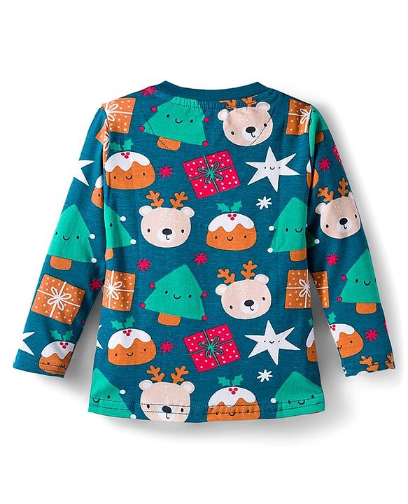 Babyhug 100% Cotton Knit Full Sleeves Co-ords Night Suit With Animal Print - Teal Blue