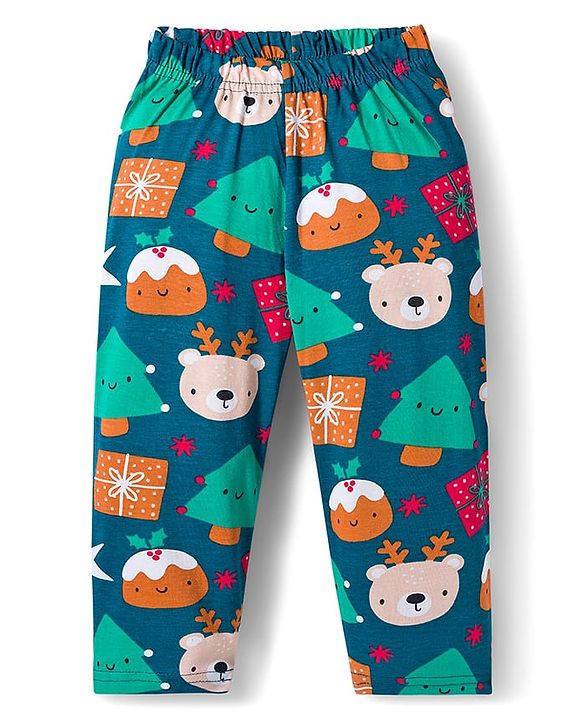 Babyhug 100% Cotton Knit Full Sleeves Co-ords Night Suit With Animal Print - Teal Blue