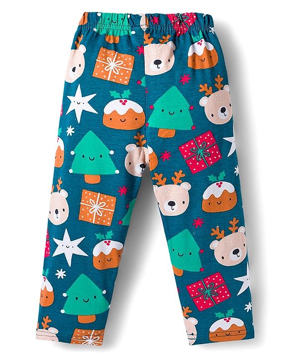Babyhug 100% Cotton Knit Full Sleeves Co-ords Night Suit With Animal Print - Teal Blue