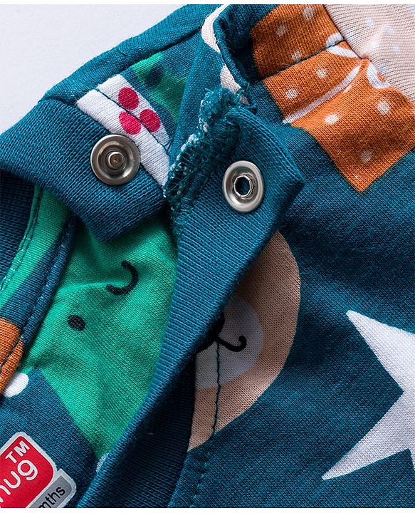 Babyhug 100% Cotton Knit Full Sleeves Co-ords Night Suit With Animal Print - Teal Blue