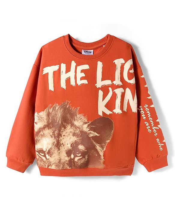 Pine Kids Disney Terry Knit Full Sleeves Drop Shoulder Full Sleeves Oversized Pullover Sweatshirt with Lion King Graphics - Brown