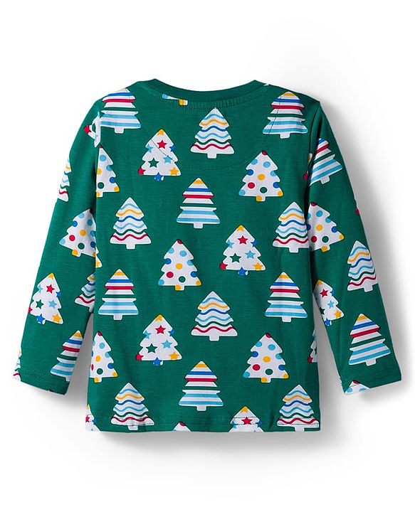 Babyhug Cotton Knit Full Sleeves Co-ord Night Suit with X-Mas Tree Print - Green