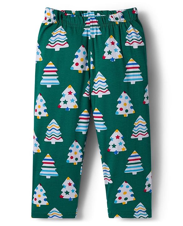 Babyhug Cotton Knit Full Sleeves Co-ord Night Suit with X-Mas Tree Print - Green
