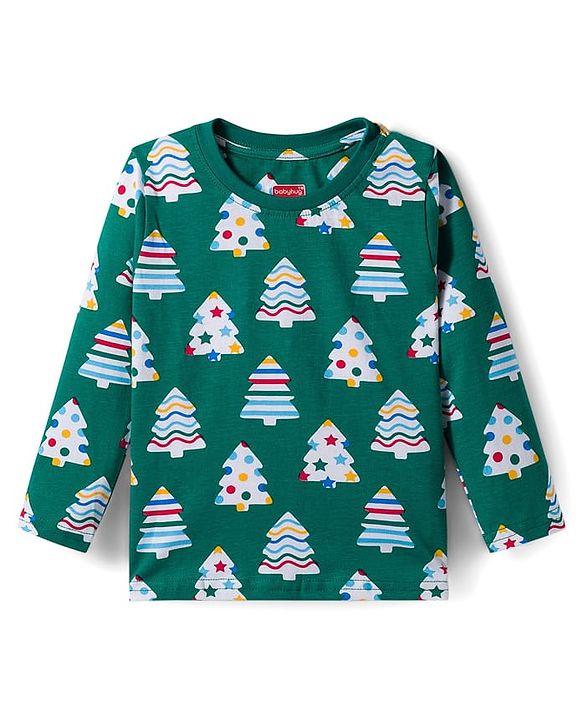 Babyhug Cotton Knit Full Sleeves Co-ord Night Suit with X-Mas Tree Print - Green