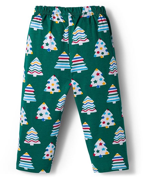Babyhug Cotton Knit Full Sleeves Co-ord Night Suit with X-Mas Tree Print - Green