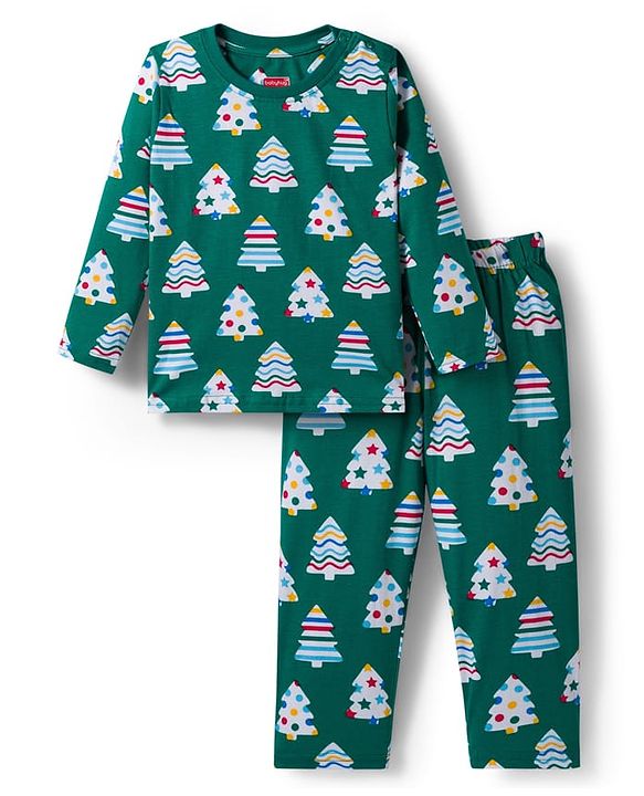 Babyhug Cotton Knit Full Sleeves Co-ord Night Suit with X-Mas Tree Print - Green