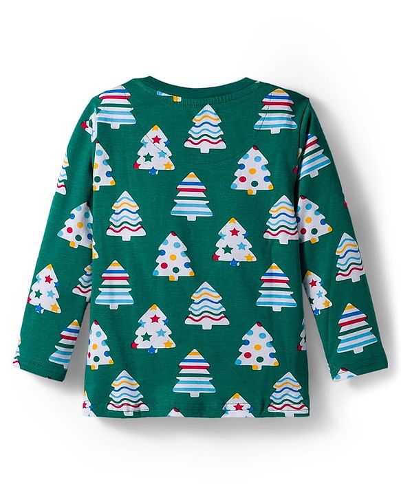 Babyhug Cotton Knit Full Sleeves Co-ord Night Suit with X-Mas Tree Print - Green
