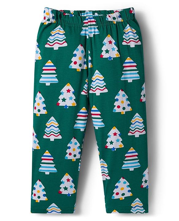 Babyhug Cotton Knit Full Sleeves Co-ord Night Suit with X-Mas Tree Print - Green