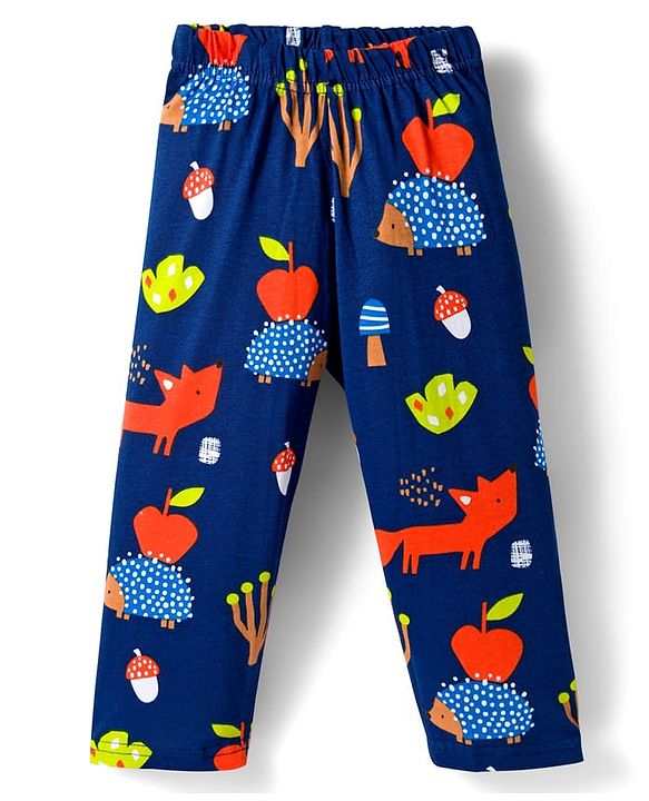 Babyhug Cotton Knit Full Sleeves Co-ord Night Suit With Fox Print - Navy Blue