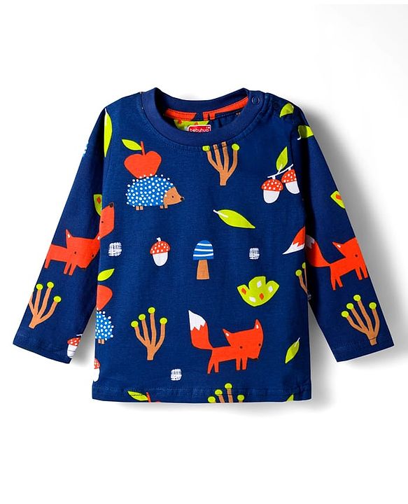 Babyhug Cotton Knit Full Sleeves Co-ord Night Suit With Fox Print - Navy Blue