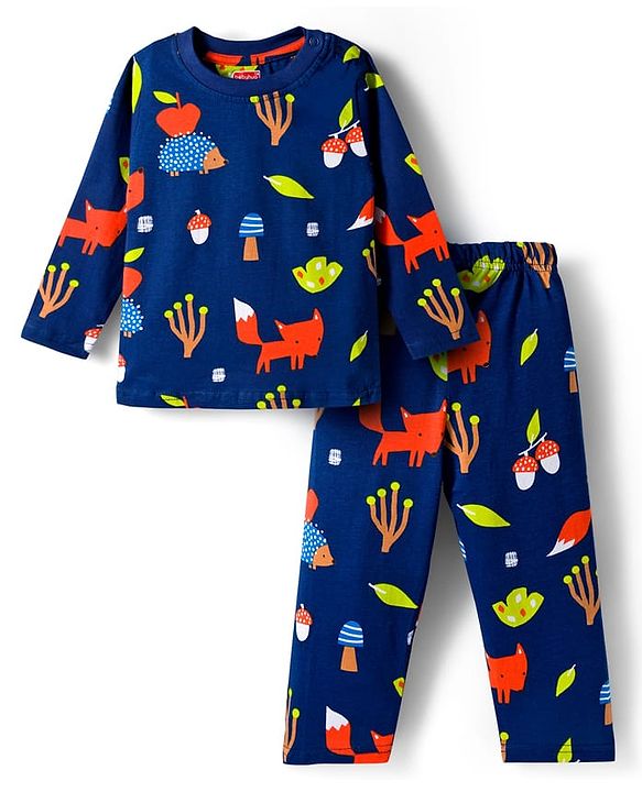 Babyhug Cotton Knit Full Sleeves Co-ord Night Suit With Fox Print - Navy Blue