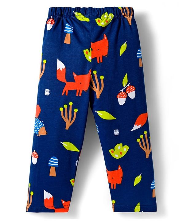 Babyhug Cotton Knit Full Sleeves Co-ord Night Suit With Fox Print - Navy Blue