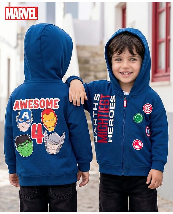 Babyhug Marvel Terry Knit Drop Shoulder Full Sleeves Hooded Sweatjacket with Front and Back Avengers Graphics - Navy Blue