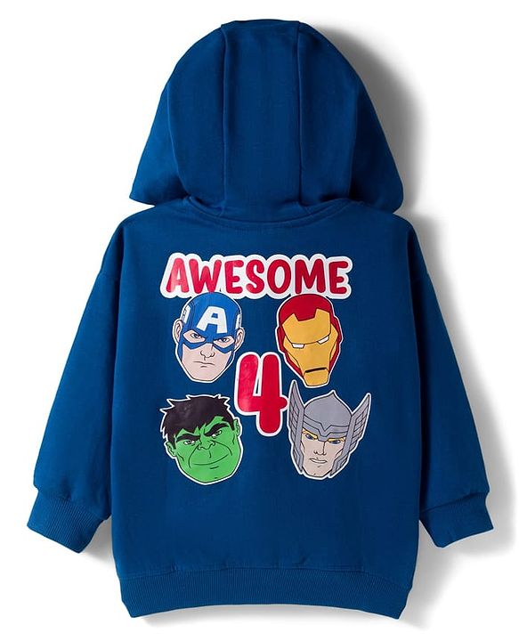Babyhug Marvel Terry Knit Drop Shoulder Full Sleeves Hooded Sweatjacket with Front and Back Avengers Graphics - Navy Blue