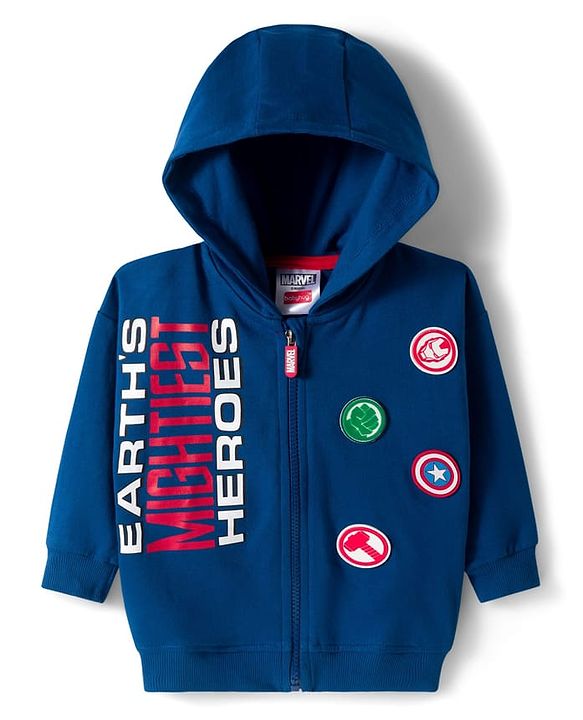 Babyhug Marvel Terry Knit Drop Shoulder Full Sleeves Hooded Sweatjacket with Front and Back Avengers Graphics - Navy Blue
