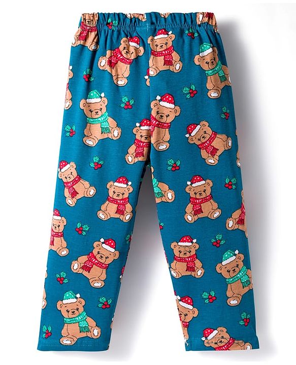 Babyhug Cotton Knit Full Sleeves Co-ord Night Suit With Teddy Bear Print - Blue