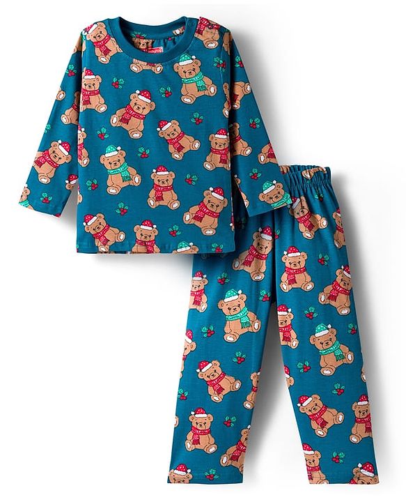 Babyhug Cotton Knit Full Sleeves Co-ord Night Suit With Teddy Bear Print - Blue