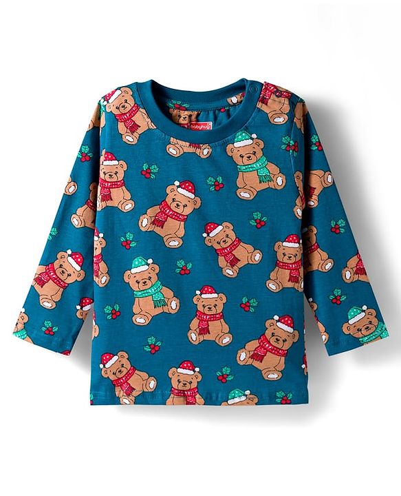 Babyhug Cotton Knit Full Sleeves Co-ord Night Suit With Teddy Bear Print - Blue