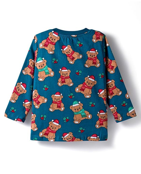 Babyhug Cotton Knit Full Sleeves Co-ord Night Suit With Teddy Bear Print - Blue
