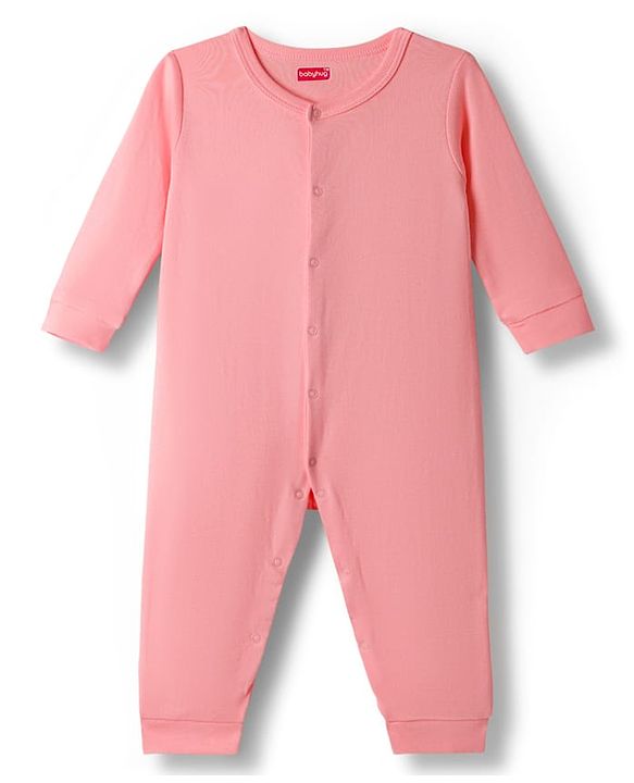 Babyhug 100% Cotton Knit Full Sleeves Solid Color Romper - Pink