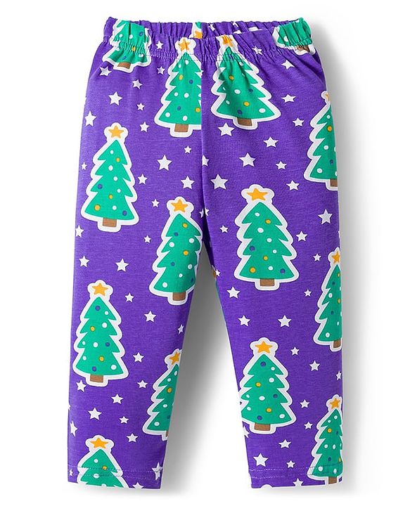 Babyhug Cotton Knit Full Sleeves Co-ords Night Suit with Christmas Print - Purple
