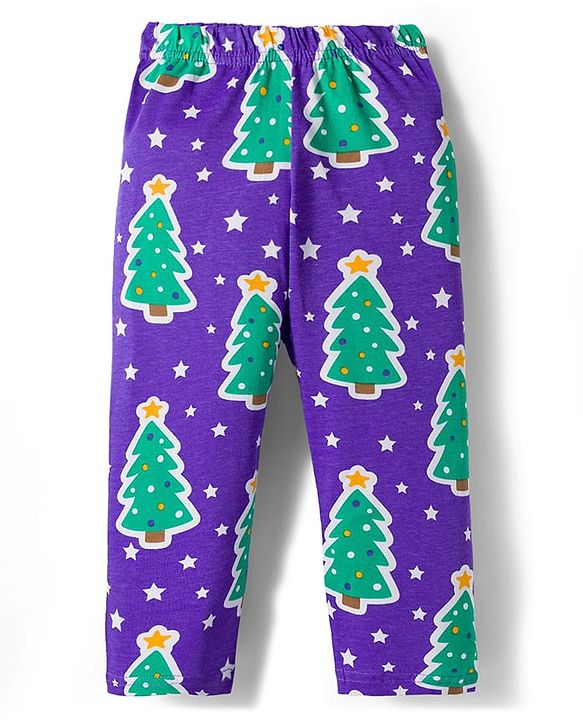 Babyhug Cotton Knit Full Sleeves Co-ords Night Suit with Christmas Print - Purple