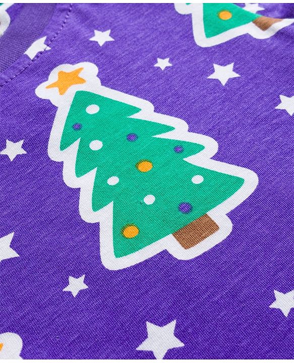 Babyhug Cotton Knit Full Sleeves Co-ords Night Suit with Christmas Print - Purple