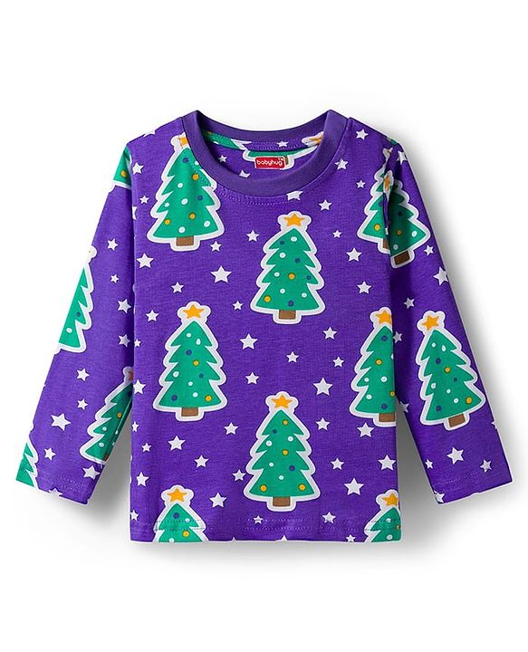 Babyhug Cotton Knit Full Sleeves Co-ords Night Suit with Christmas Print - Purple